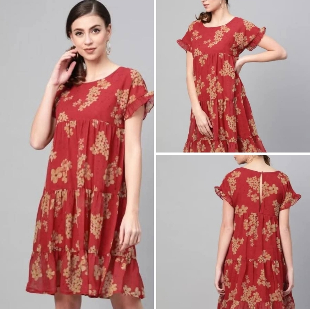 SASSAFRAS Red Floral Midi Dress. NWOT Size XS